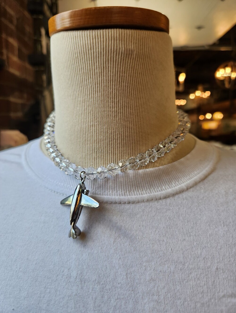 Silver Airplane Pendant Necklace with Clear Beads - Unisex Jewelry - Picture 8 of 14